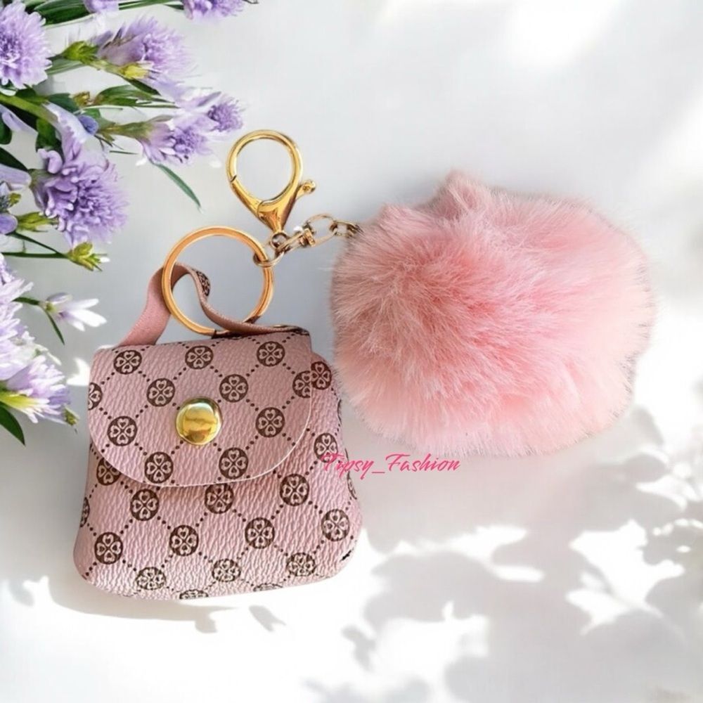 Pom Pom Decor Coin Purse Pink Key Ring Bag Charm Hand Bag Key Chain